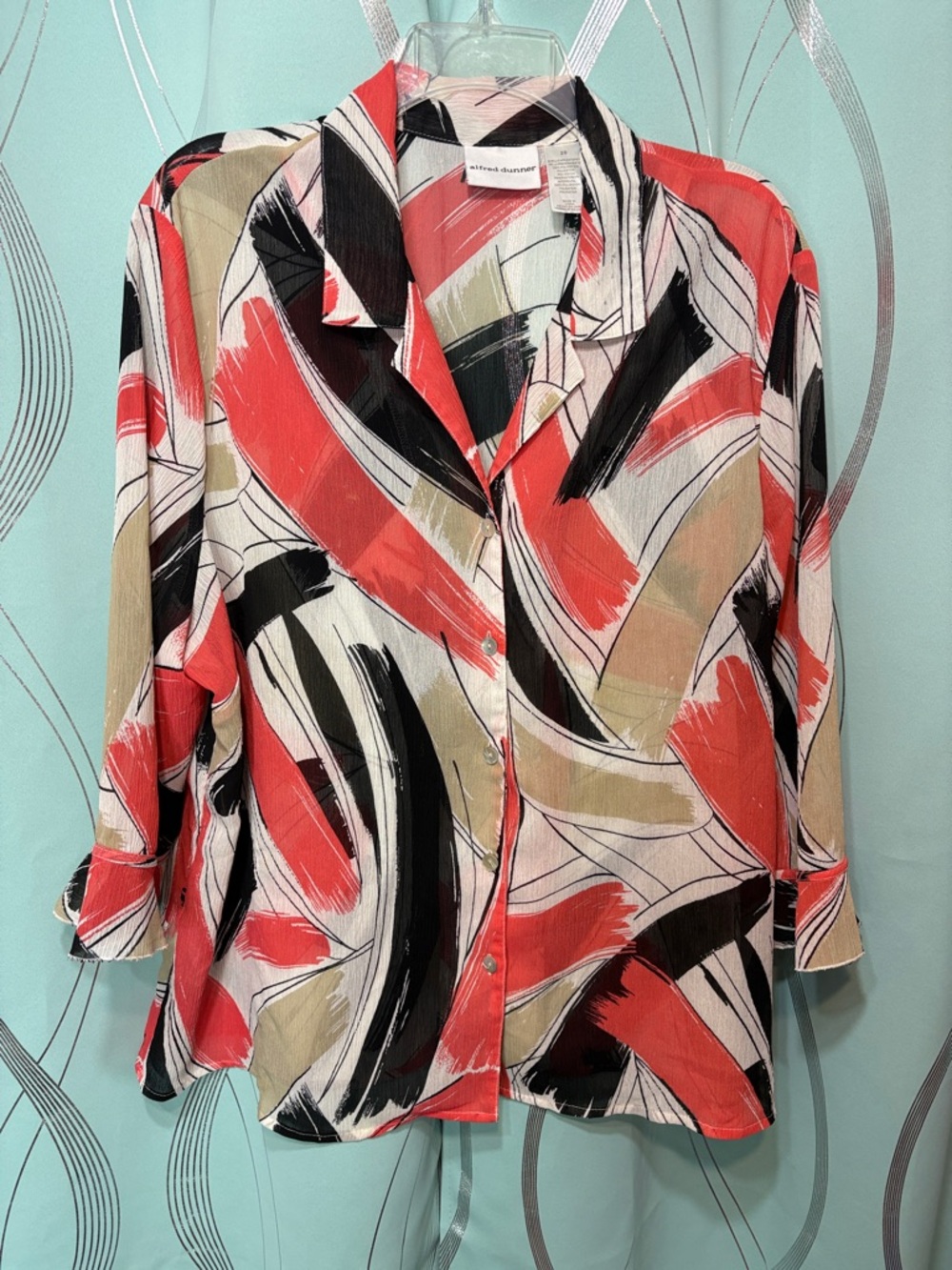 Alfred Dunner Coral, Black & Beige Abstract Brushstroke Button-Down Shirt
